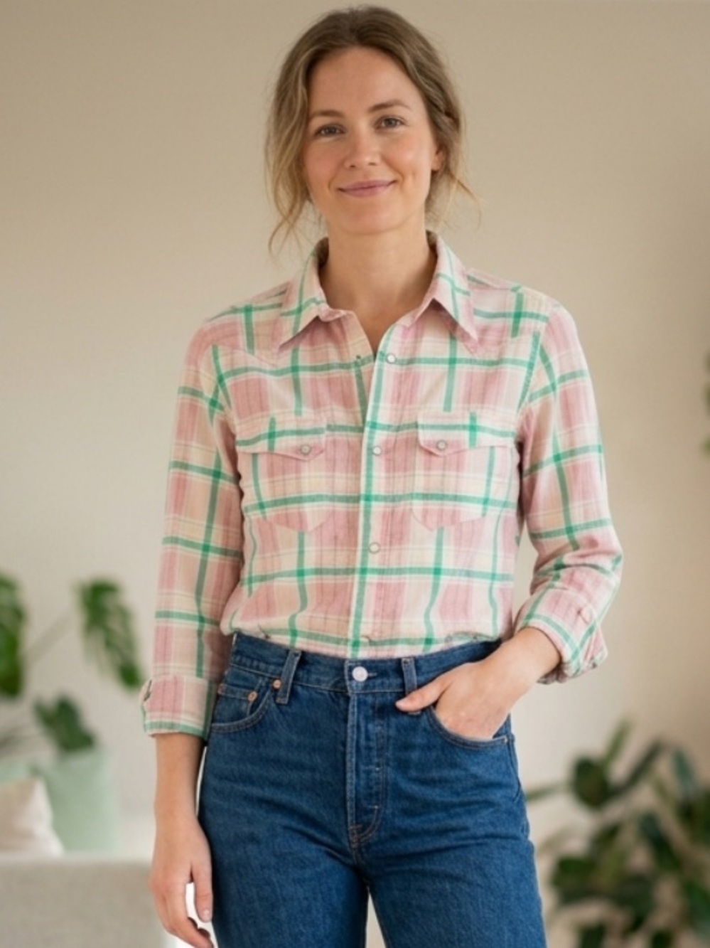 Vintage ‘60’s Levi’s Authentic WesternWear Top Shorthorn Plaid Pearl Snap Shirt